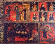 Detail of hell and Sant Michael, front of Soriguerola. Painting on wood