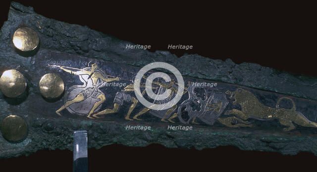Detail of inlay on a Mycenaean bronze dagger showing a lion hunt, 16th century. Artist: Unknown