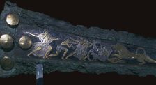 Detail of inlay on a Mycenaean bronze dagger showing a lion hunt, 16th century