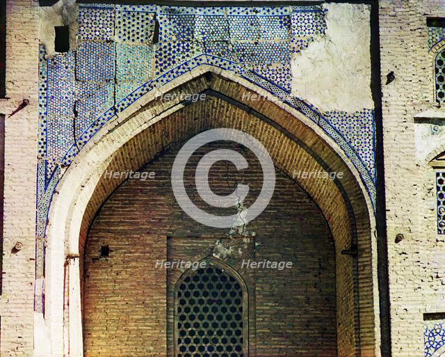 Detail of left side of Duan-Beggi medrese, Bukhara, between 1905 and 1915. Creator: Sergey Mikhaylovich Prokudin-Gorsky.