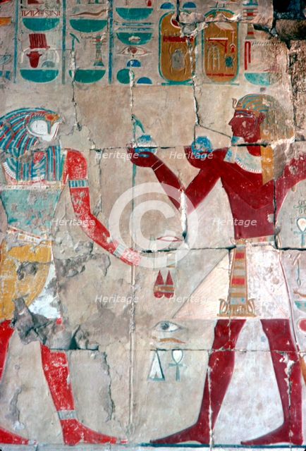 Detail of painted relief of Tuthmosis III before Horus, Temple of Hatshepsut, Luxor, 15th centuryBC. Artist: Unknown