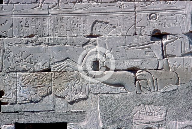 Detail of relief of Pharaoh in chariot riding down his enemies, Temple of Amun, Karnak, c1400 BC. Artist: Unknown