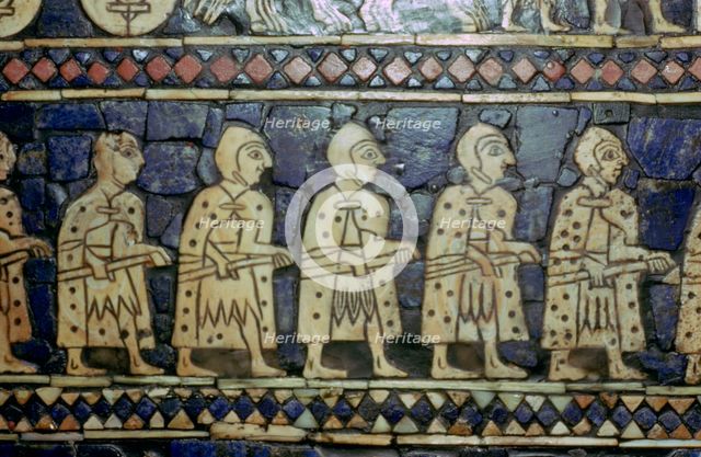 Detail of Sumerian soldiers from the Royal Standard of Ur, about 2600-2400 BC. Artist: Unknown