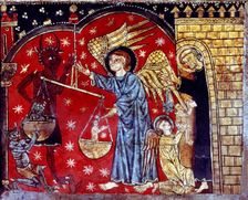 Detail of Saint Michael and the devil weighing souls and an angel giving a soul to Saint Peter on…