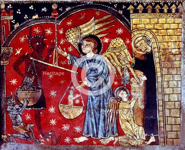 Detail of Saint Michael and the devil weighing souls and an angel giving a soul to Saint Peter on…