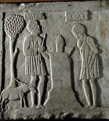 Detail of sarcophagus relief of the church of Santa Cruz. Ecija (Seville) with the sacrifice of I…