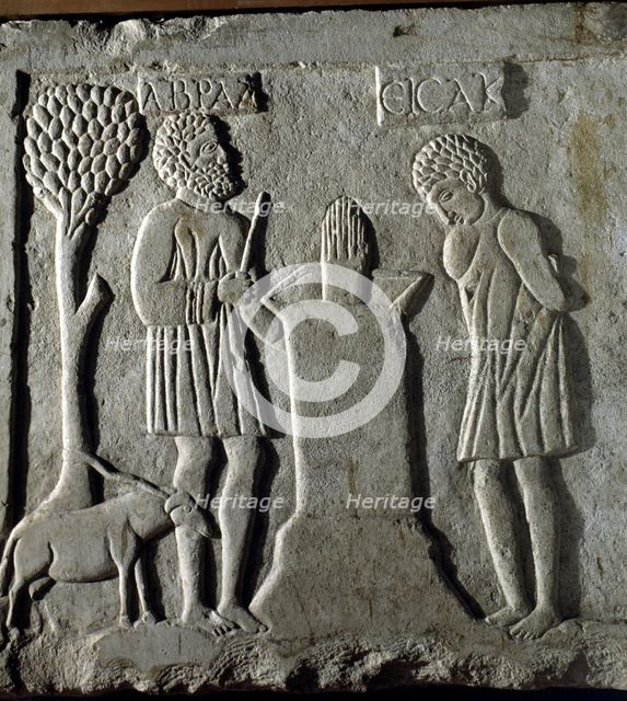 Detail of sarcophagus relief of the church of Santa Cruz. Ecija (Seville) with the sacrifice of I…