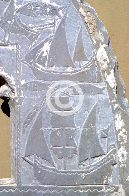 Detail of ships on carved lunette (window) from Greek Byzantine church, 9th-10th Century. Artist: Unknown.