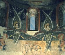 Detail of two angels of the mural in the apse of the church of Santa Maria d'Aneu in Pallars Jussà