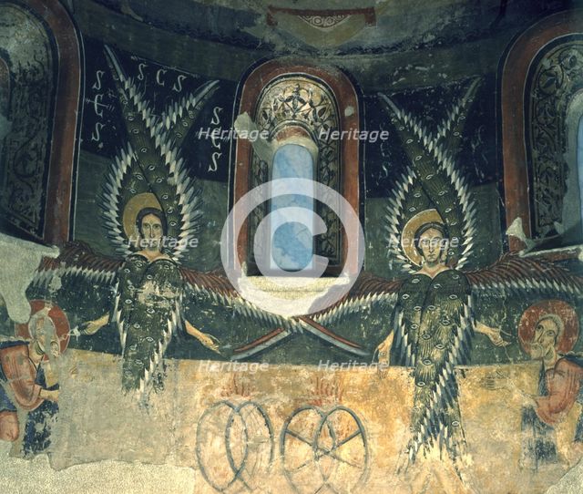 Detail of two angels of the mural in the apse of the church of Santa Maria d'Aneu in Pallars Jussà.