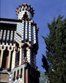 Detail of the top of the façade of the Vicens House, 1883-1888, designed by Antonio Gaudi