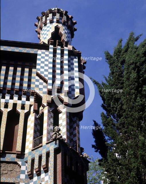 Detail of the top of the façade of the Vicens House, 1883-1888, designed by Antonio Gaudi.