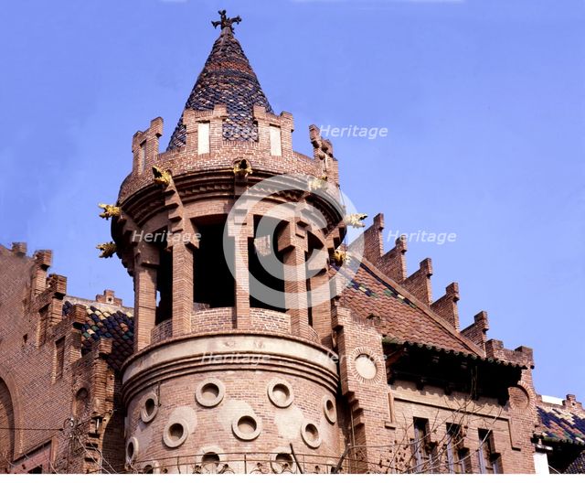 Detail of the tower of Cala Bianca in Canet de Mar, building by architect Lluis Domenech i Montaner.