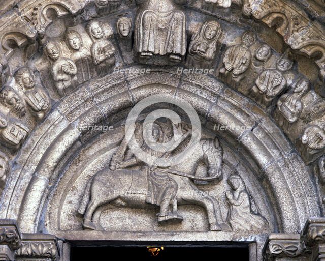 Detail of the tympanum with the image of Santiago on horseback at the Church of Santiago in Betan…