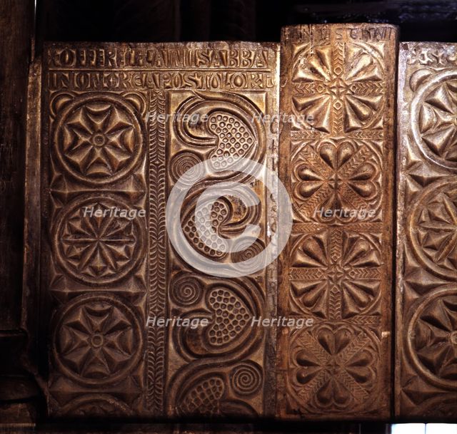 Detail of the Visigothic gate separating the presbytery from the nave of the church of Santa Cris…