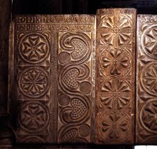 Detail of the Visigothic gate separating the presbytery from the nave of the church of Santa Cris…