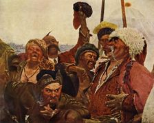 Detail of the Zaporozhets writing a letter to the Turkish Sultan 1880-1890, (1965). Creator: Il'ya Repin