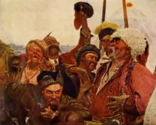 Detail of the Zaporozhets writing a letter to the Turkish Sultan 1880-1890, (1965). Creator: Il'ya Repin