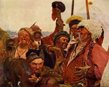 Detail of the Zaporozhets writing a letter to the Turkish Sultan 1880-1890, (1965). Creator: Il'ya Repin