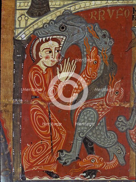 Detail of the altar front in the chapel of Santa Margarita, with a scene of a dragon devouring th…