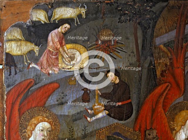 Detail of the altarpiece dedicated to the Virgin with the Annunciation and shepherds making chees…