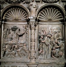 Detail of the base of the altarpiece in the main altar of the cathedral of Barbastro, with scenes…