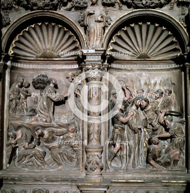 Detail of the base of the altarpiece in the main altar of the cathedral of Barbastro, with scenes…