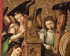Detail of the central panel of an altarpiece dedicated to St. Vincent Martyr, angels playing harp…