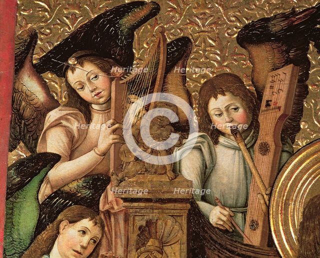 Detail of the central panel of an altarpiece dedicated to St. Vincent Martyr, angels playing harp…