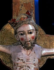 Detail of the Christ of Escunhau, carving in polychromed wood