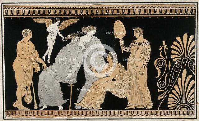 Detail of the decoration of a red-figured Greek strorage jar (pelike) showing a seated..., 1760-9. Creator: Augustin Dahlsteen.