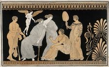 Detail of the decoration of a red-figured Greek strorage jar (pelike) showing a seated..., 1760-9. Creator: Augustin Dahlsteen