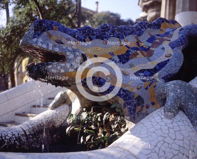 Detail of the dragon in the entrance stairway to Park Güell, built between 1900-1914 by Antoni Ga…