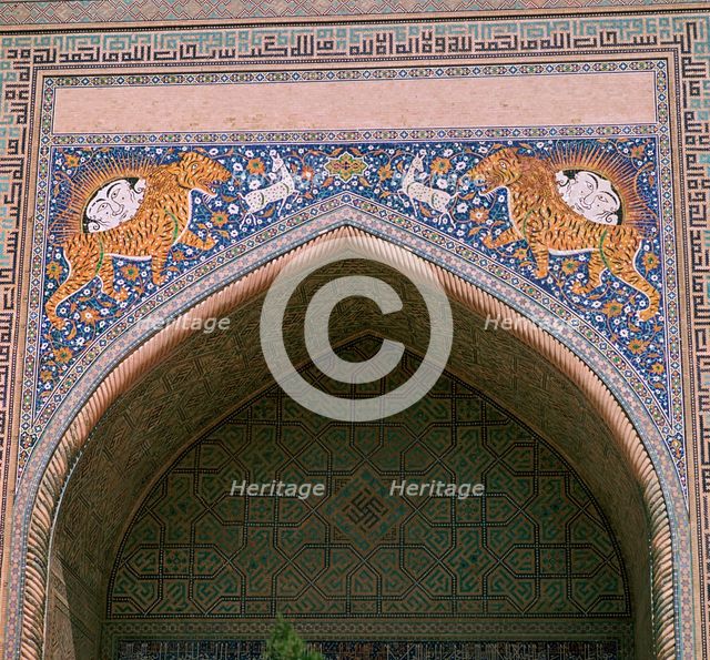 Detail of the façade of Shir-Dar Madrasa in Samarkand, 17th century. Artist: Unknown