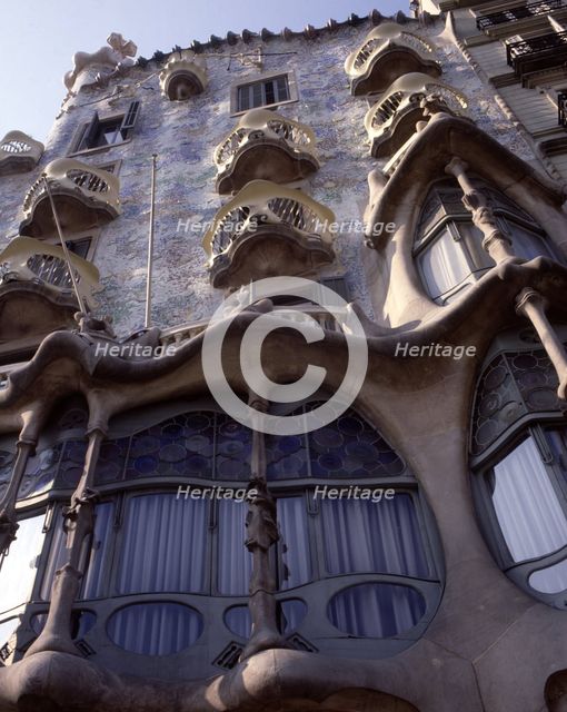Detail of the façade of the Casa Batllo, built between 1904 and 1906, designed by Antoni Gaudí i …