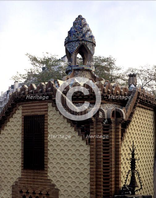 Detail of the façade of the checkpoint building in the Güell House, built between 1884 and 1887, …