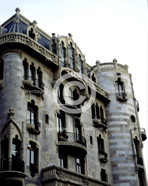 Detail of the façade of the Fuster House, designed by modernist architect Lluís Domenech i Muntan…