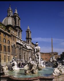 Detail of the Fountain of the Rivers and the Church of St. Agnes, both are Baroque style