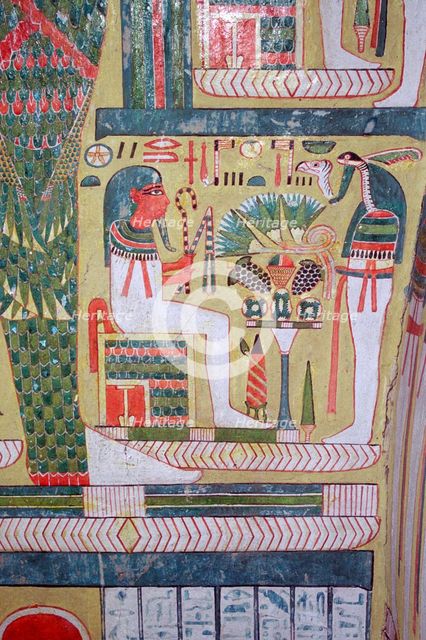 Detail of the inside of an Egyptian mummy-case, showing gods of the underworld. Artist: Unknown