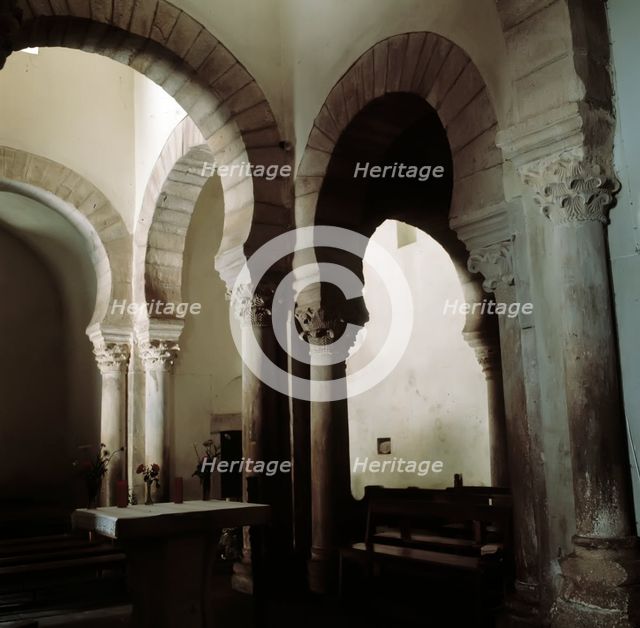 Detail of the interior of the church of Santa María de Lebeña, it should be noted the horseshoe a…