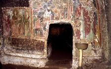 Detail of the interior of the sanctum of Mitreo and the mural paintings subsequently painted on t…