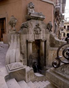 Detail of the Lion Fountain hot spring in the center of the town of Caldes de Montbui