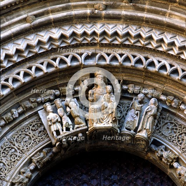 Detail of the main portico of the church of Santa Maria of Agramunt, with typical decoration of t…