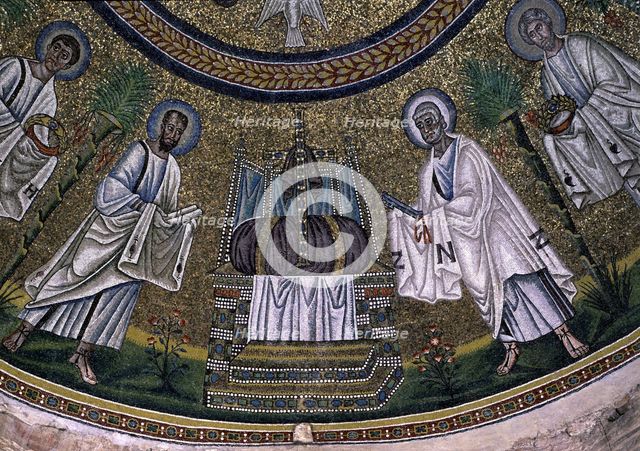 Detail of the mosaic of St. Paul and St. Peter in the dome of the Baptistery of the Arians in Rav…