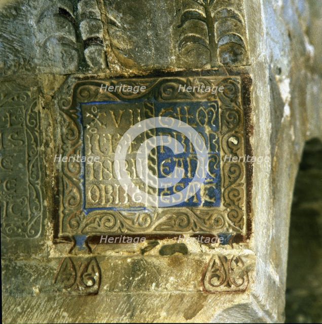 Detail of the obituary inscriptions on the soffit of an arc, used as a book page of the chapter r…