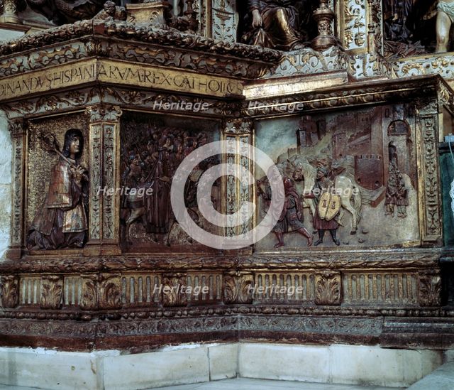 Detail of the predella of the Altar of the Royal Chapel of Granada with the reliefs of the conque…