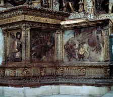 Detail of the predella of the Altar of the Royal Chapel of Granada with the reliefs of the conque…
