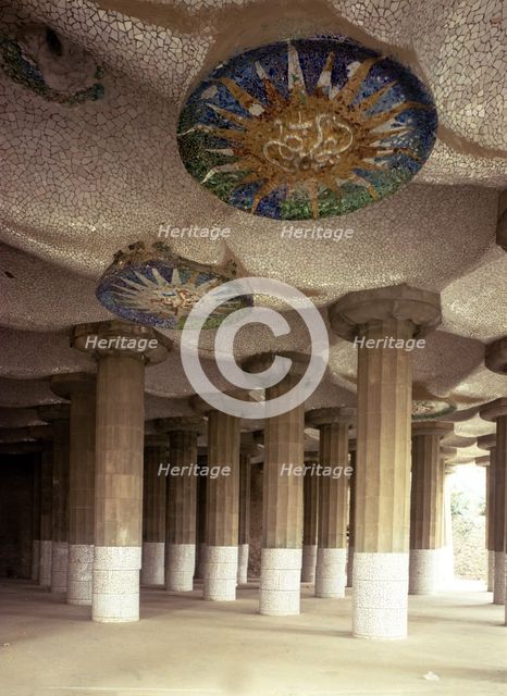 Detail of the roof of the forest of columns that support the great square of Guell Park, designed…