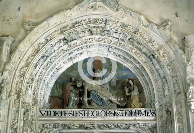 Detail of the sculpture group 'The Descent', on the façade of the church of the Monastery of Sant…
