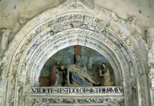 Detail of the sculpture group The Descent on the façade of the church of the Monastery of Sant…